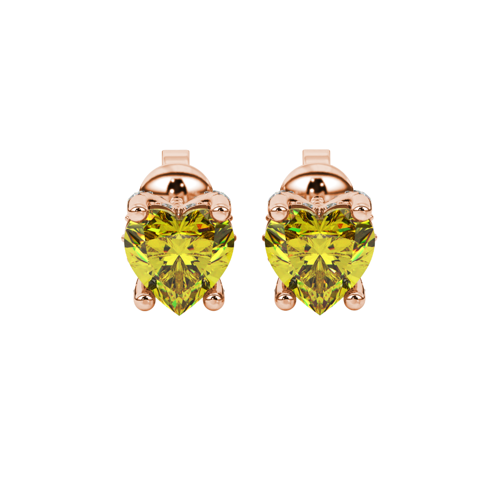 Close-up angled shot of Canary Yellow heart cut pave basket halo earrings in rose gold