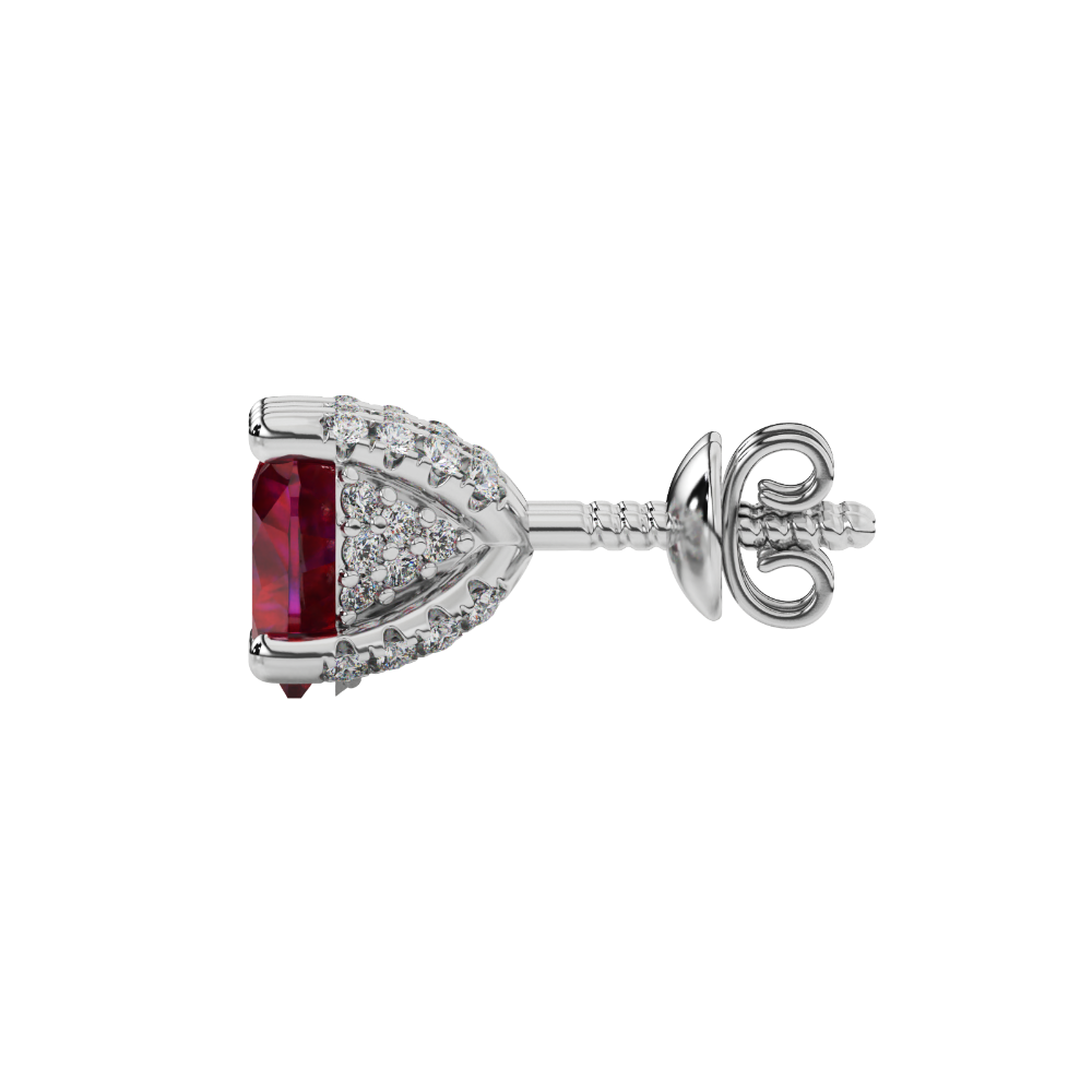 Side view of Raspberry Red heart cut gemstone earrings showcasing the white gold