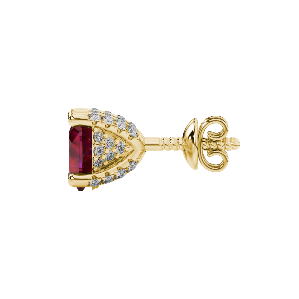 Side view of Raspberry Red heart cut gemstone earrings showcasing the yellow gold