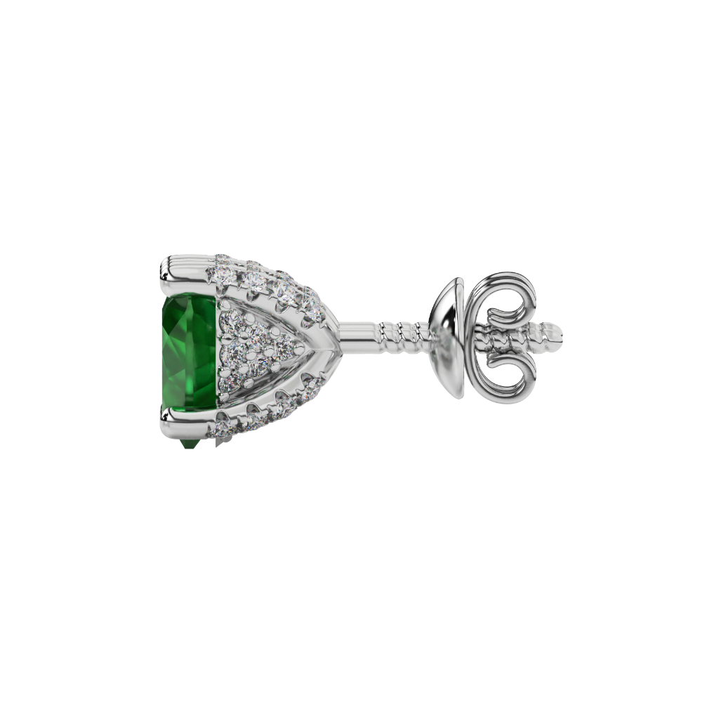Side view of Emerald Green heart cut gemstone earrings showcasing the white gold