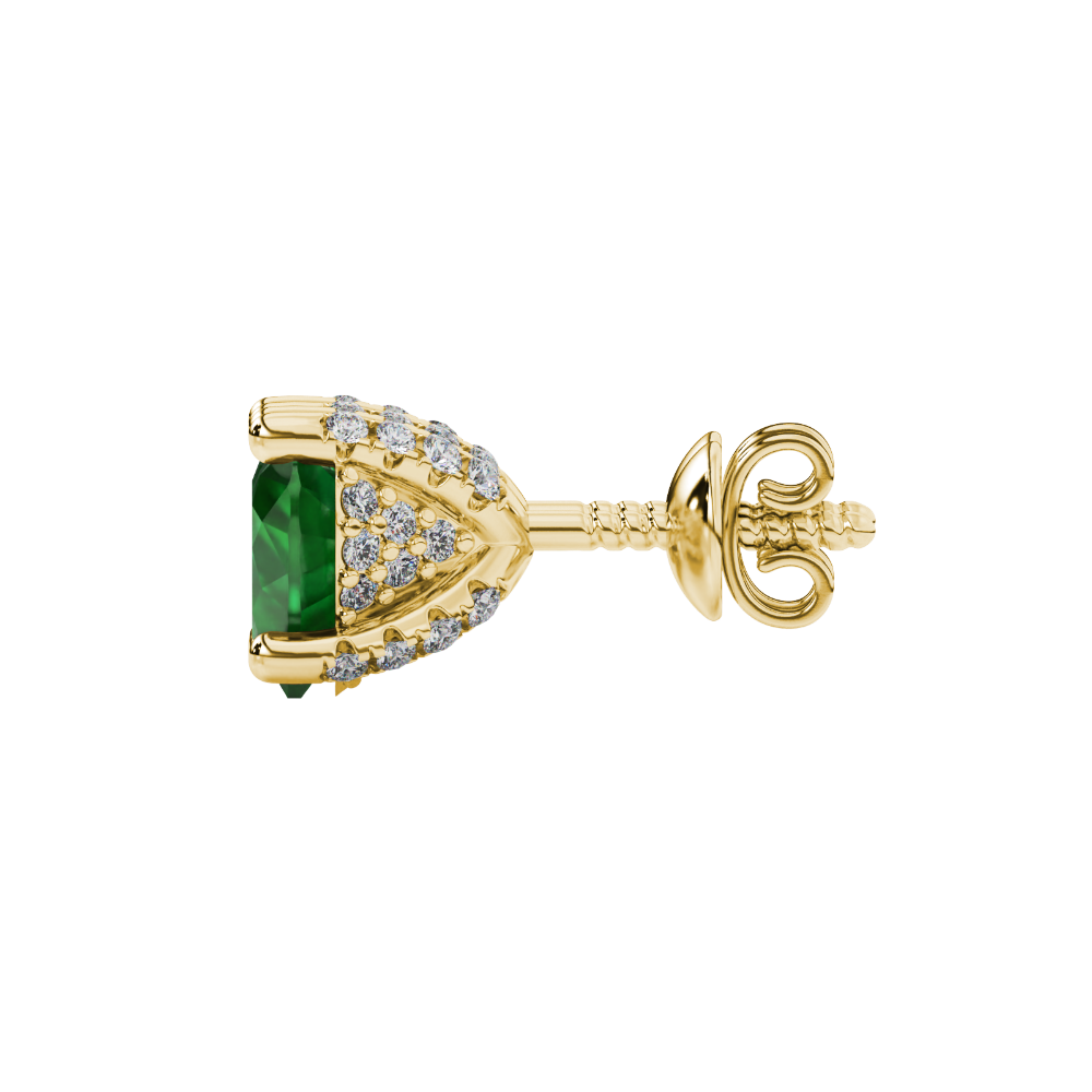 Side view of Emerald Green heart cut gemstone earrings showcasing the yellow gold