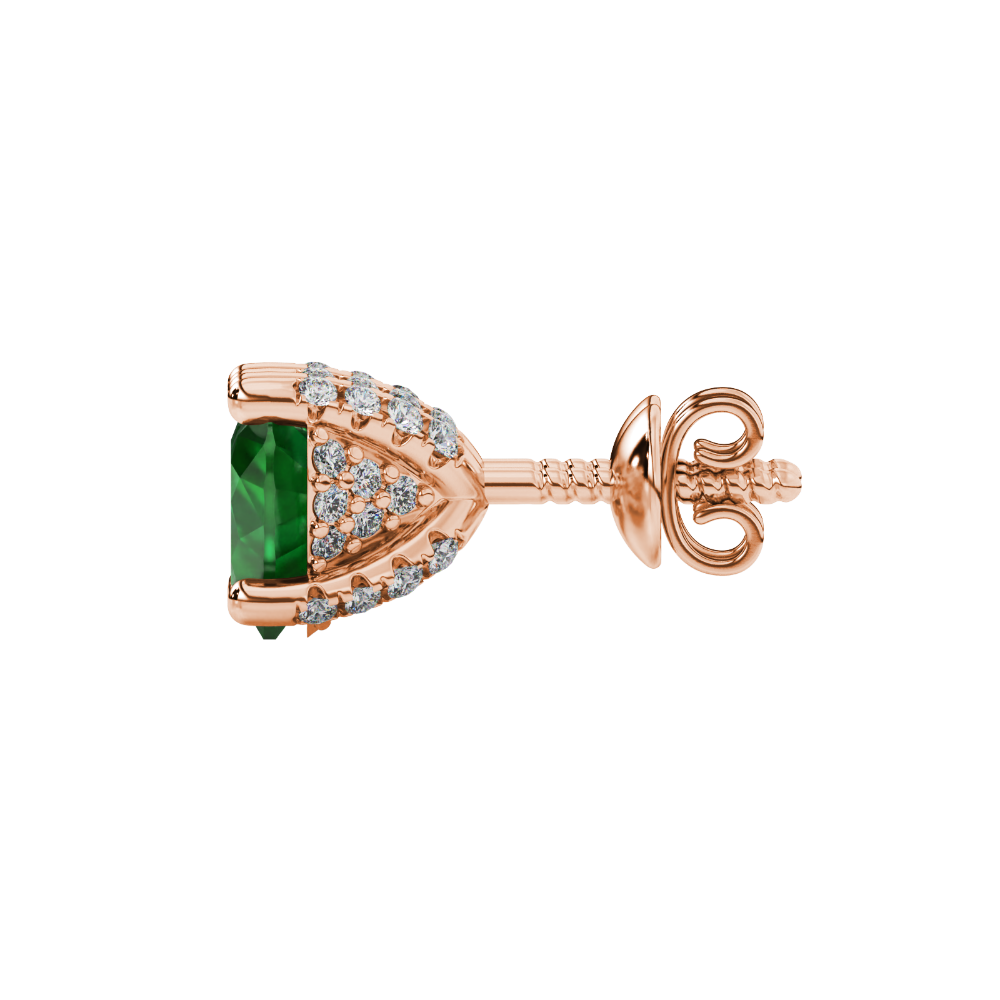 Side view of Emerald Green heart cut gemstone earrings showcasing the rose gold