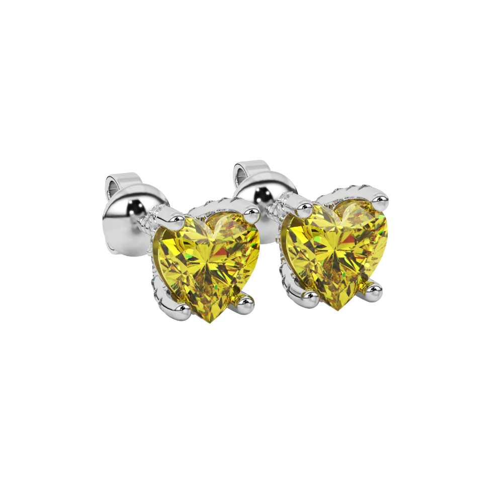 Canary Yellow heart cut gemstone pave basket halo earrings in white gold