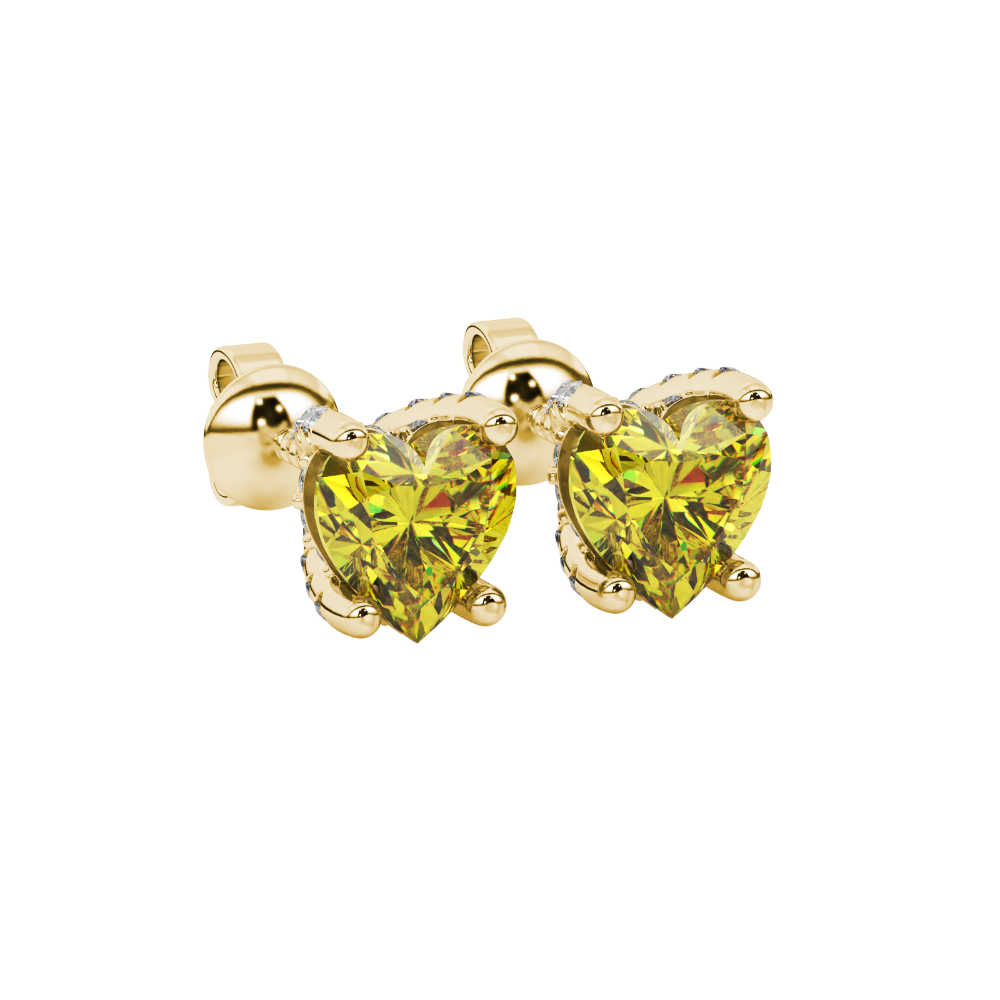 Canary Yellow heart cut gemstone pave basket halo earrings in yellow gold