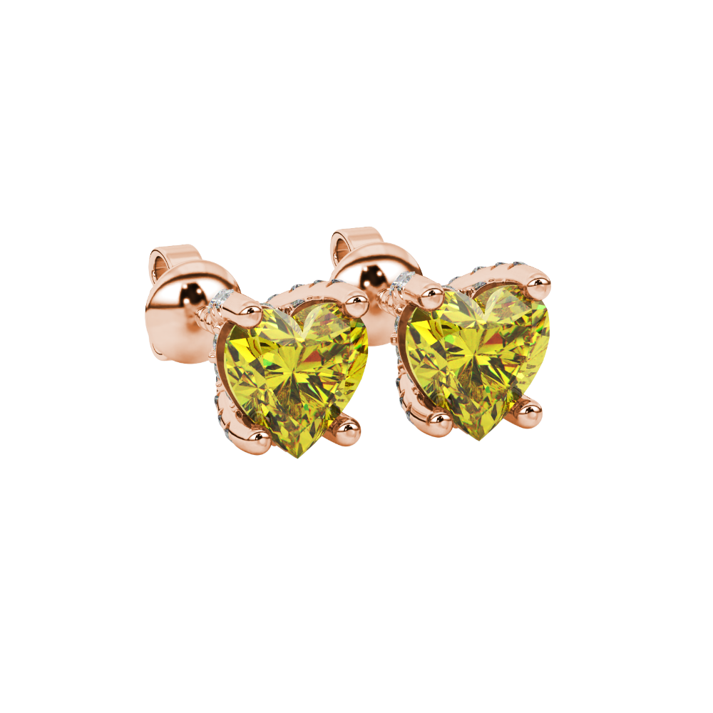 Canary Yellow heart cut gemstone pave basket halo earrings in rose gold