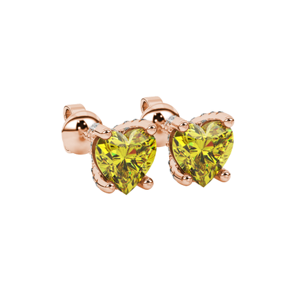 Canary Yellow heart cut gemstone pave basket halo earrings in rose gold