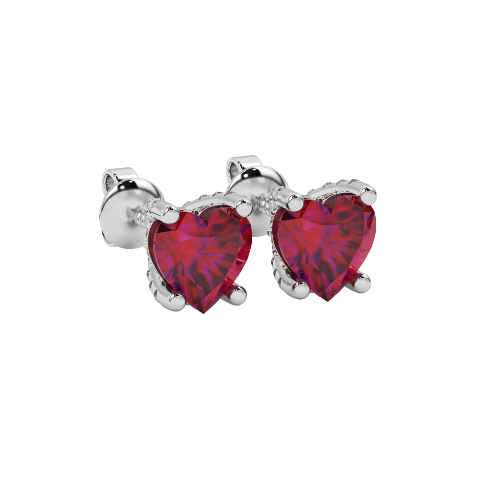 Raspberry Red heart cut gemstone pave basket halo earrings in white gold
