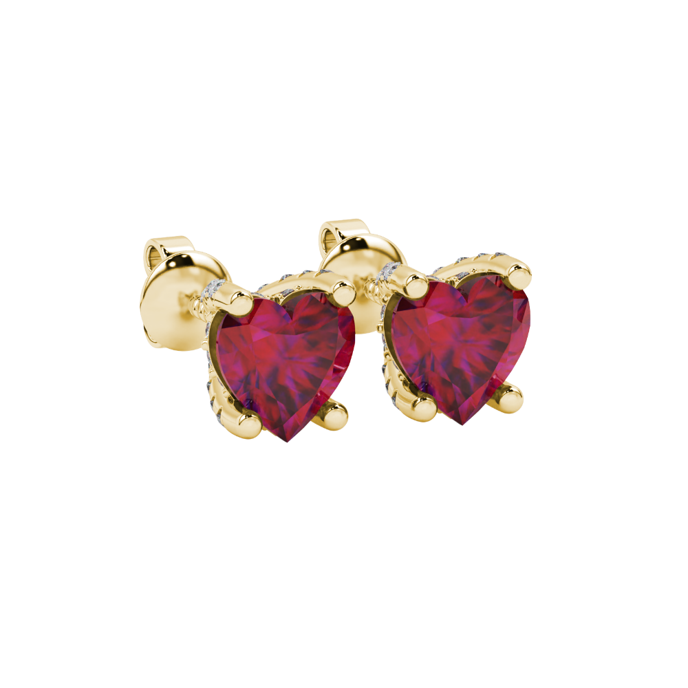 Raspberry Red heart cut gemstone pave basket halo earrings in yellow gold
