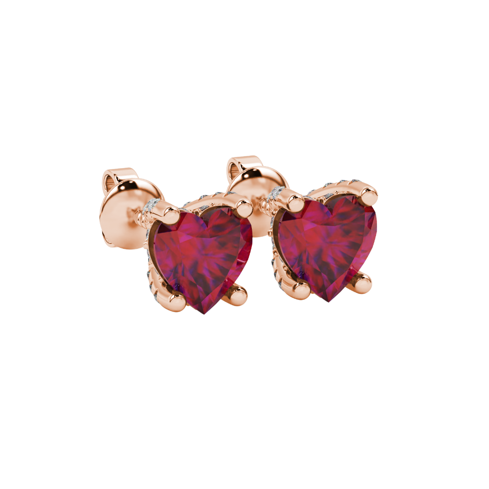 Raspberry Red heart cut gemstone pave basket halo earrings in rose gold