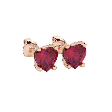 Raspberry Red heart cut gemstone pave basket halo earrings in rose gold
