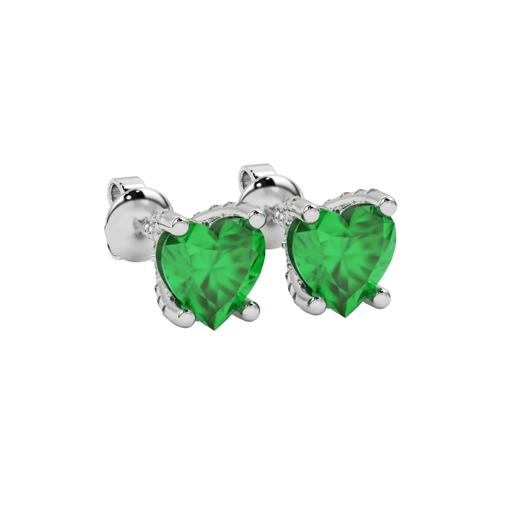 Emerald Green heart cut gemstone pave basket halo earrings in white gold