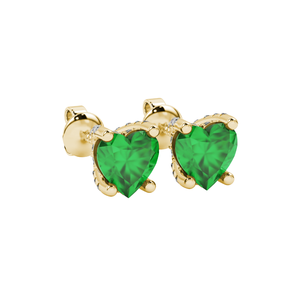 Emerald Green heart cut gemstone pave basket halo earrings in yellow gold