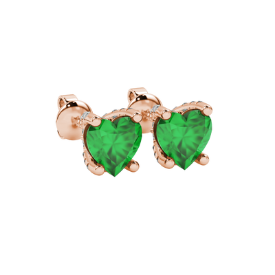 Emerald Green heart cut gemstone pave basket halo earrings in rose gold
