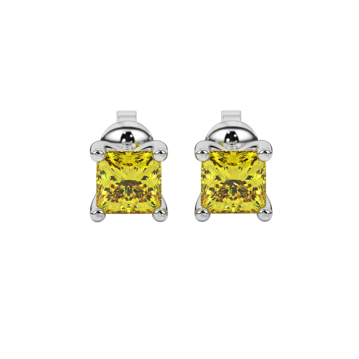 Princess canary yellow gemstone earrings, white gold four-prong setting