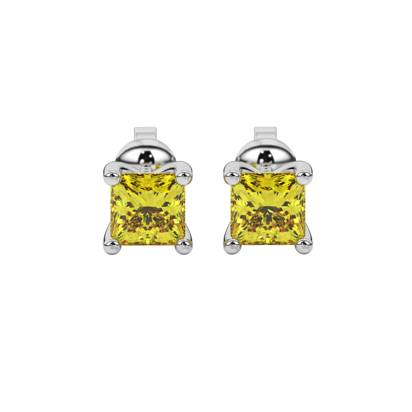 Princess canary yellow gemstone earrings, white gold four-prong setting