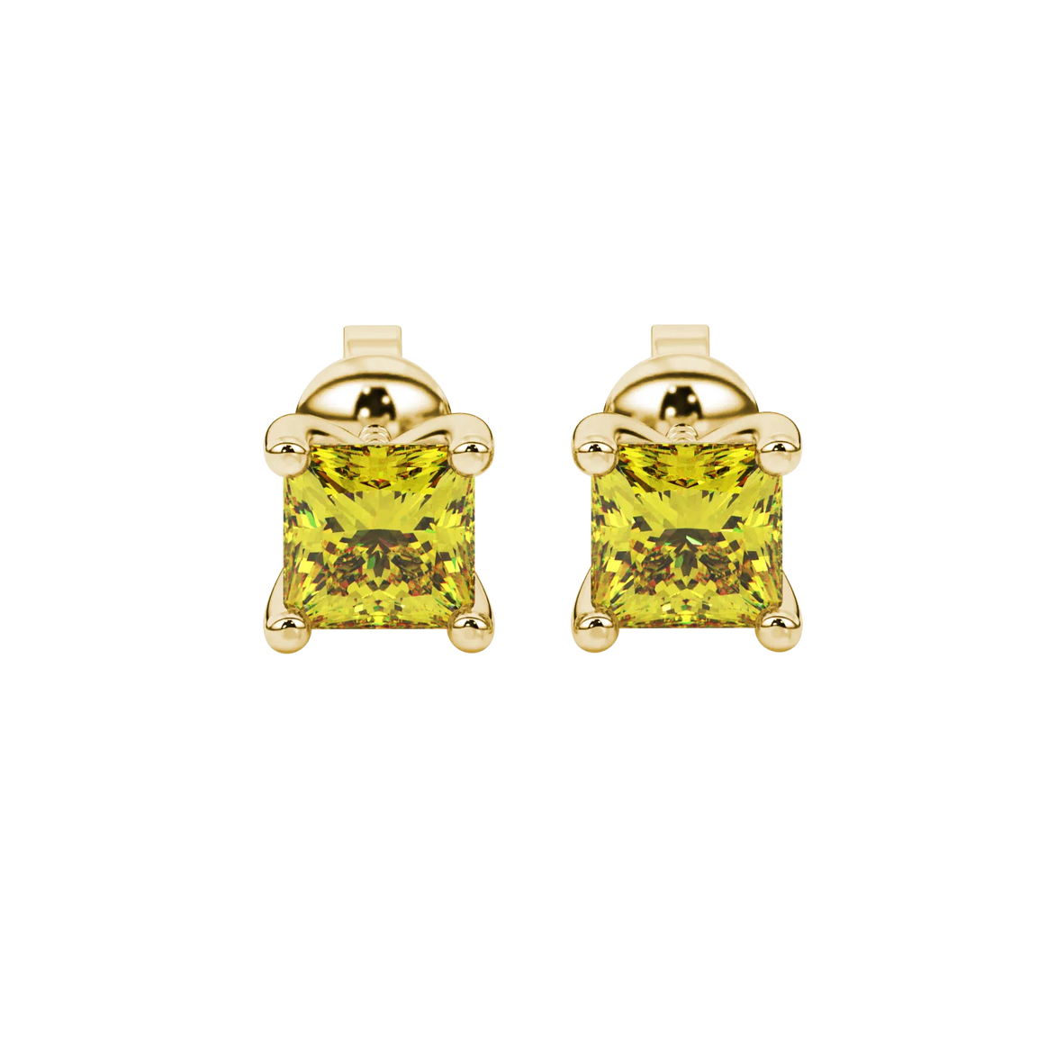Princess canary yellow gemstone earrings, yellow gold four-prong setting.