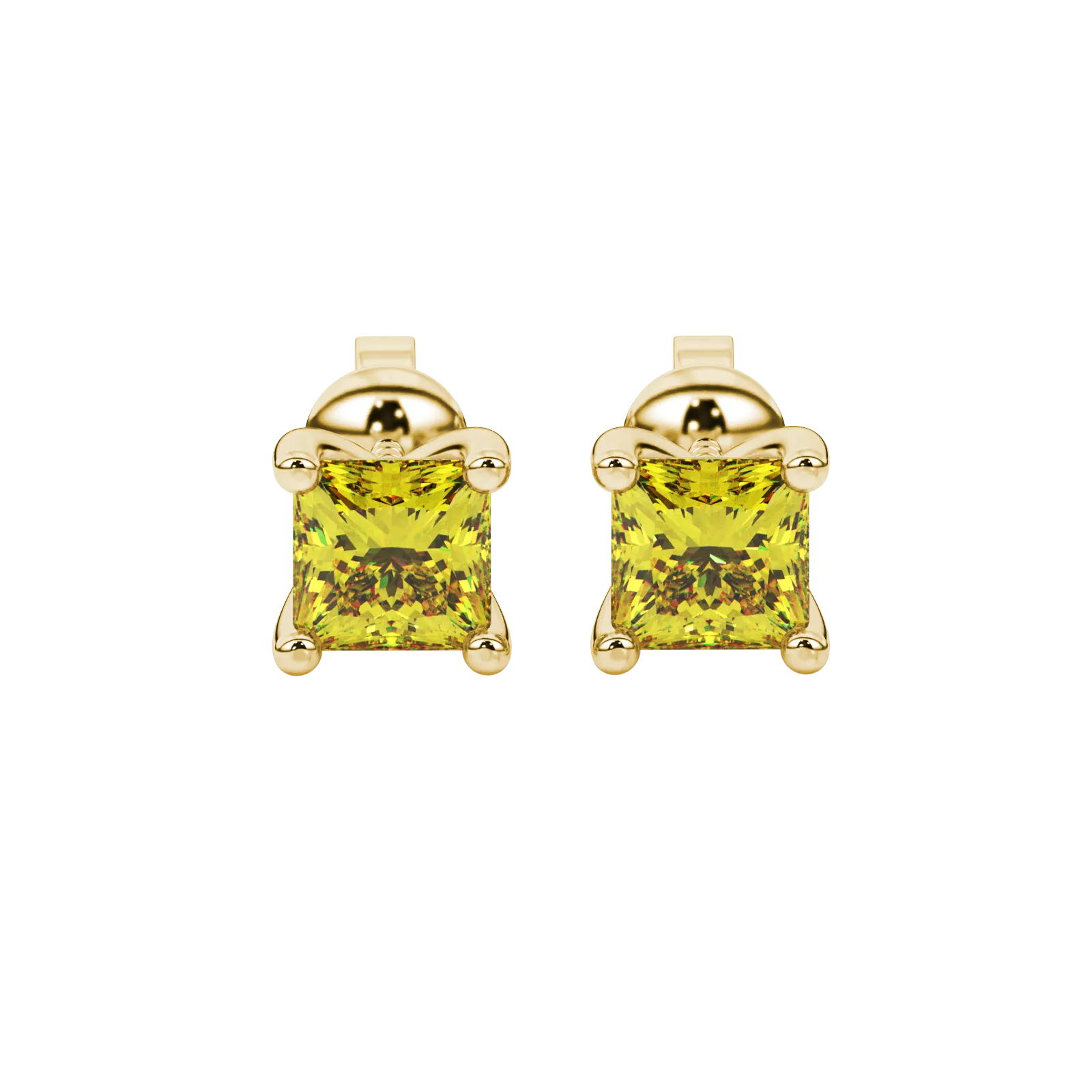 Princess canary yellow gemstone earrings, yellow gold four-prong setting.