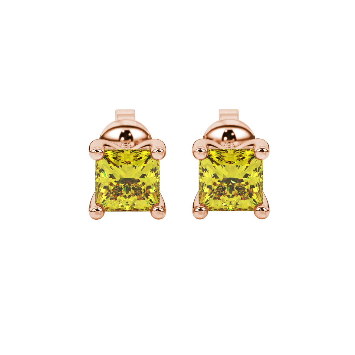 Princess canary yellow gemstone earrings, rose gold four-prong setting.