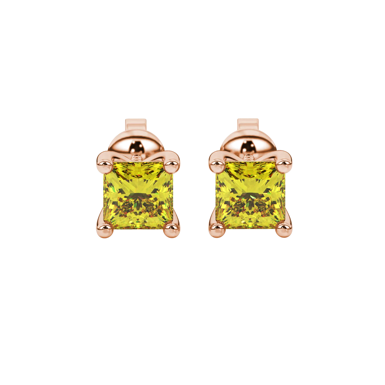 Princess canary yellow gemstone earrings, rose gold four-prong setting.