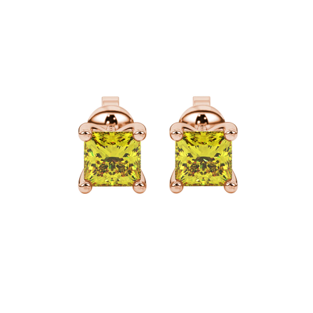 Princess canary yellow gemstone earrings, rose gold four-prong setting.