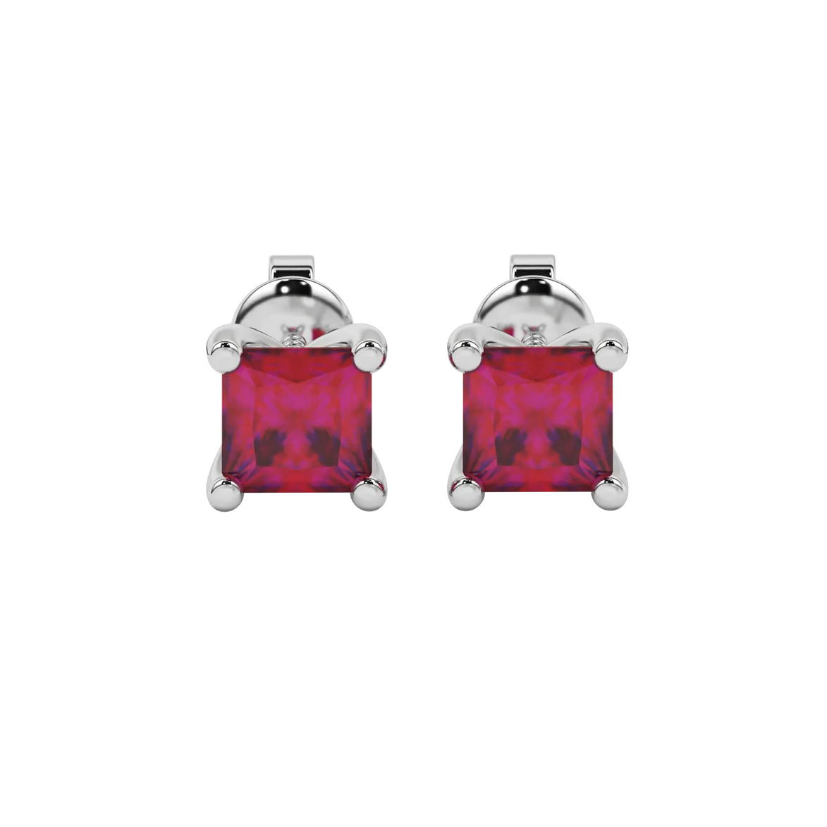 Princess raspberry red gemstone earrings, white gold four-prong setting.