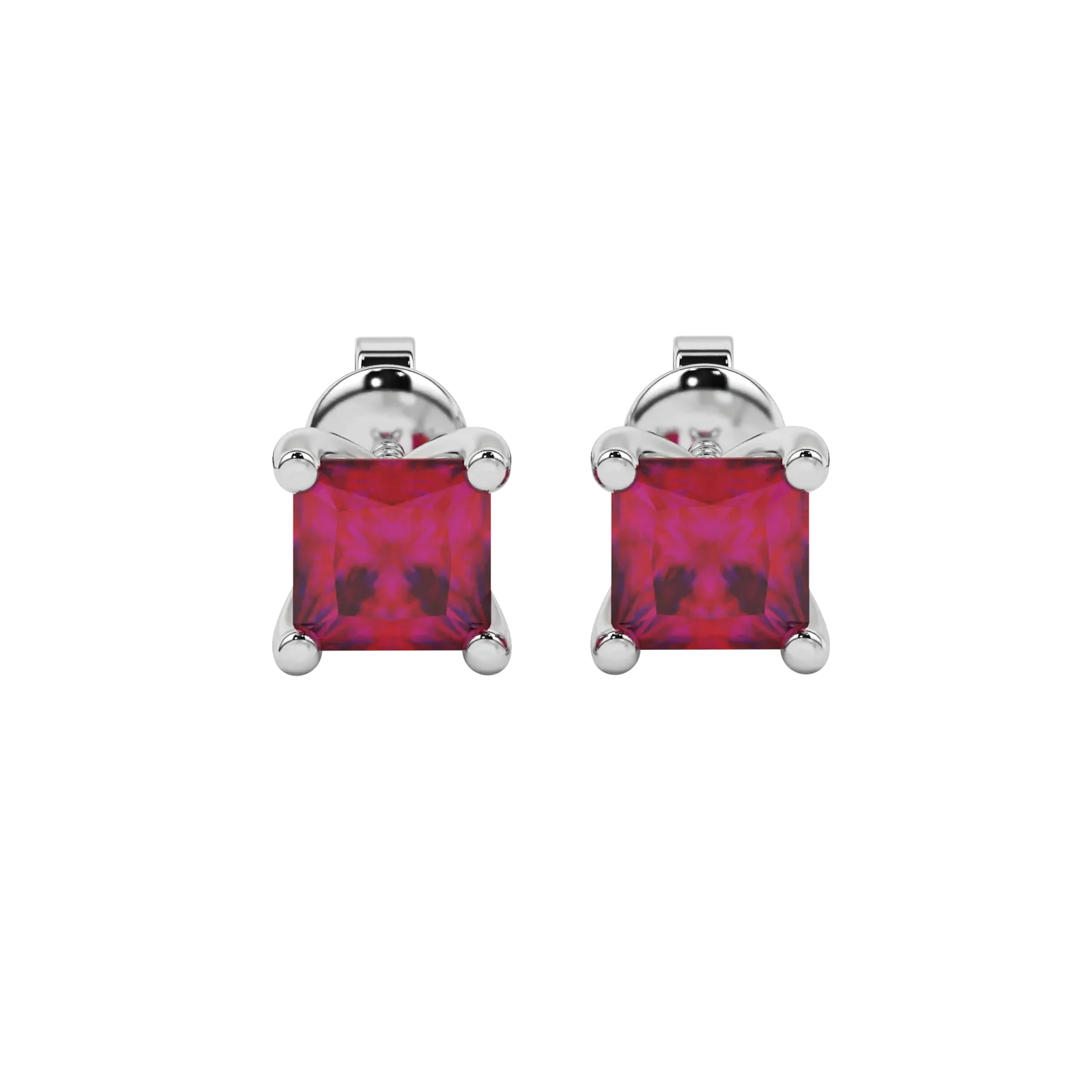 Princess raspberry red gemstone earrings, white gold four-prong setting.