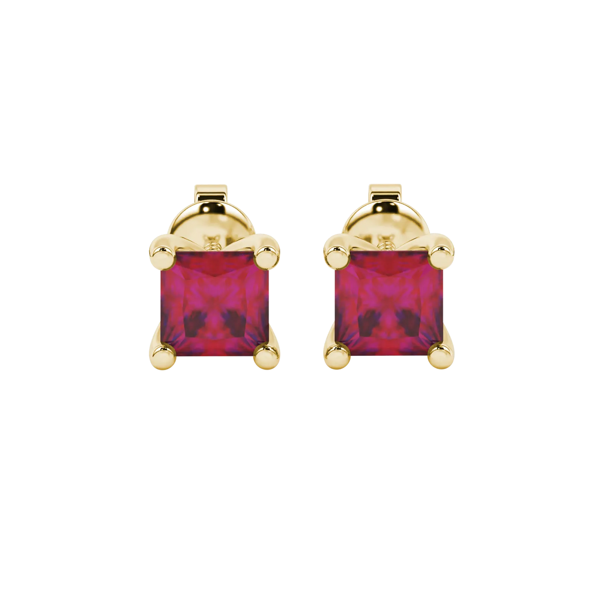 Princess raspberry red gemstone earrings, yellow gold four-prong setting.