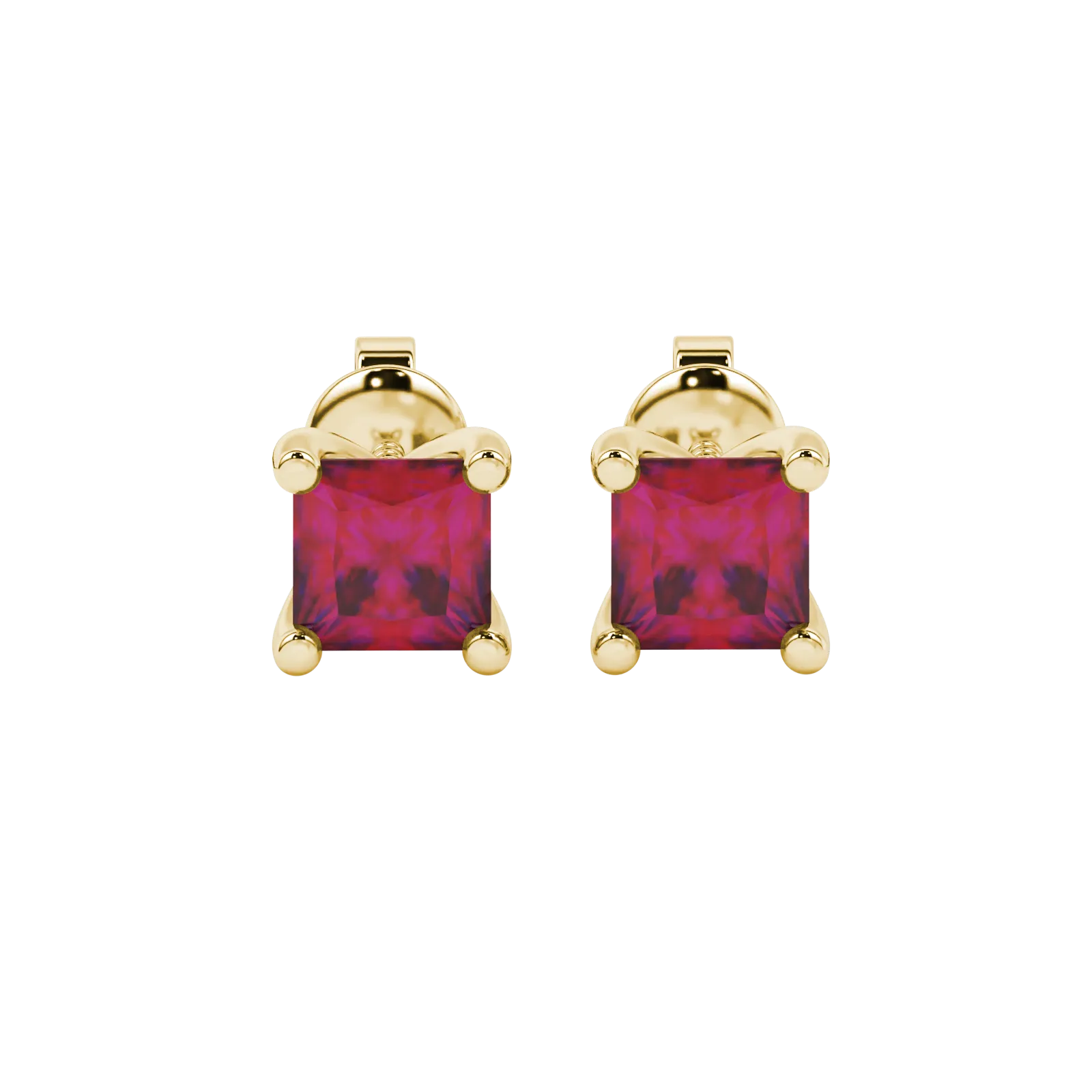 Princess raspberry red gemstone earrings, yellow gold four-prong setting.