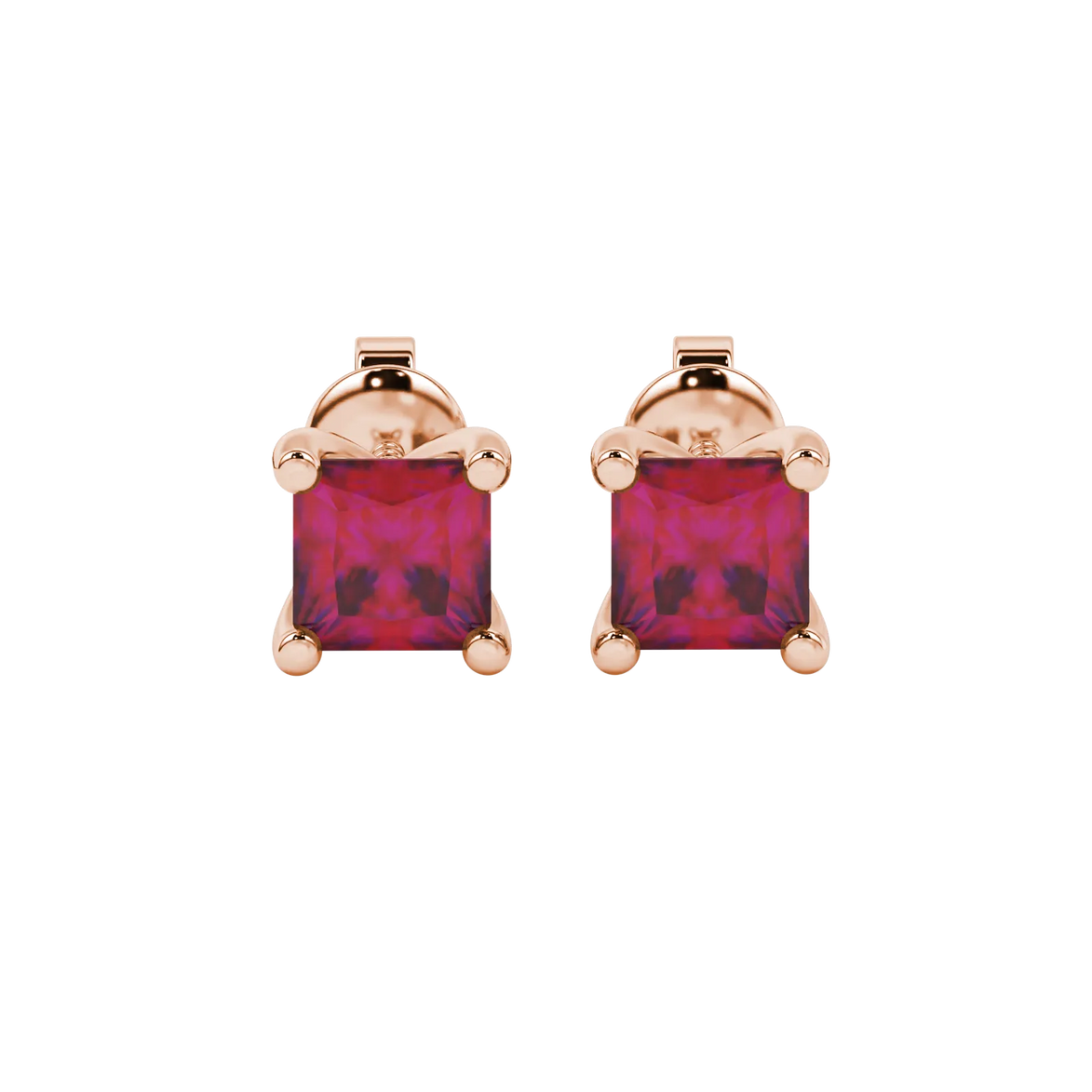 Princess raspberry red gemstone earrings, rose gold four-prong setting.