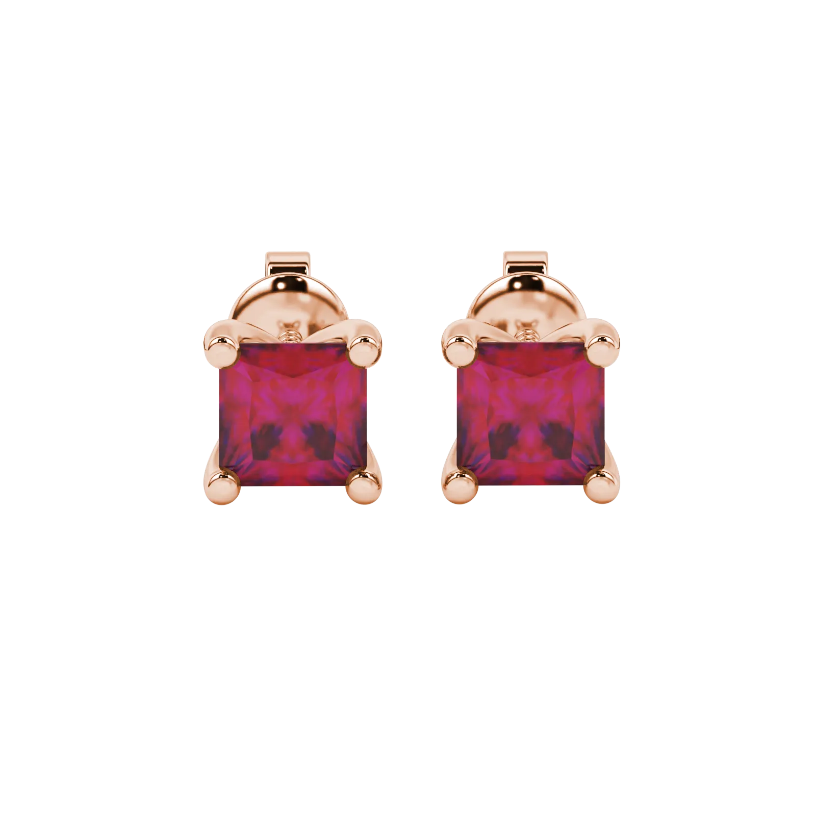 Princess raspberry red gemstone earrings, rose gold four-prong setting.