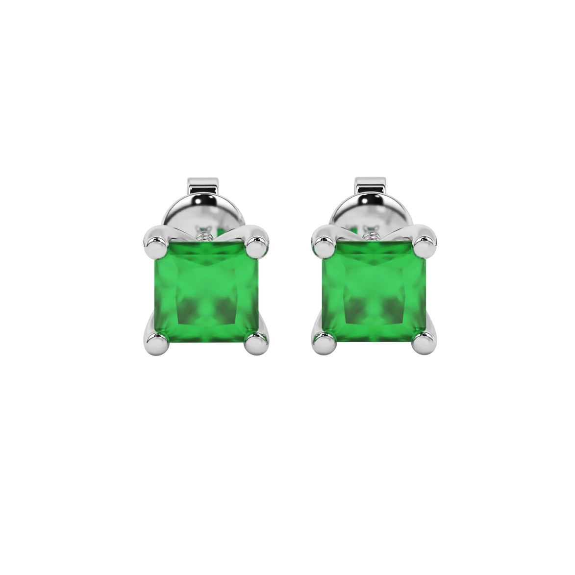 Princess emerald green gemstone earrings, white gold four-prong setting.