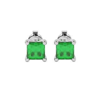Princess emerald green gemstone earrings, white gold four-prong setting.
