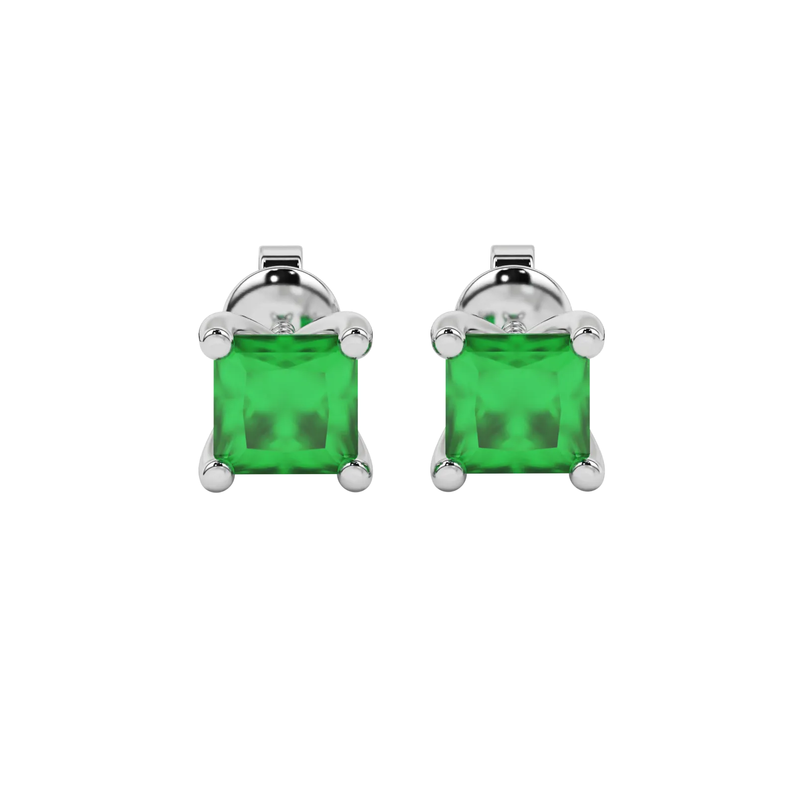 Princess emerald green gemstone earrings, white gold four-prong setting.