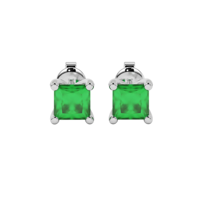 Princess emerald green gemstone earrings, white gold four-prong setting.