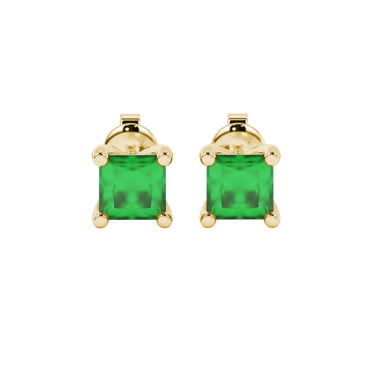Princess emerald green gemstone earrings, yellow gold four-prong setting.