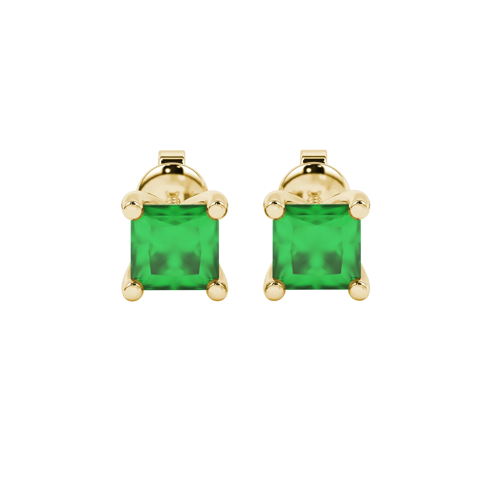 Princess emerald green gemstone earrings, yellow gold four-prong setting.