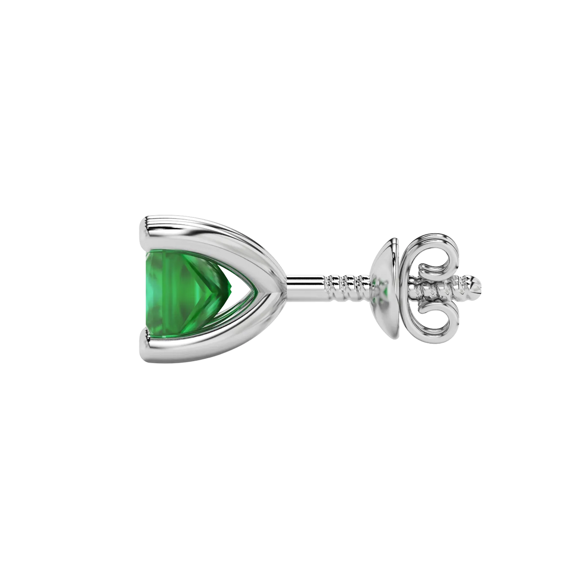 Side profile, white gold emerald green earrings, four-prong gallery.