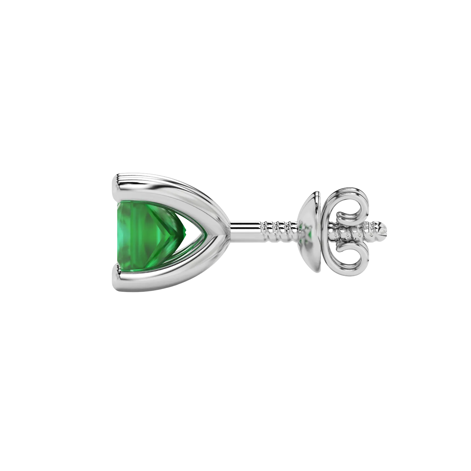 Side profile, white gold emerald green earrings, four-prong gallery.