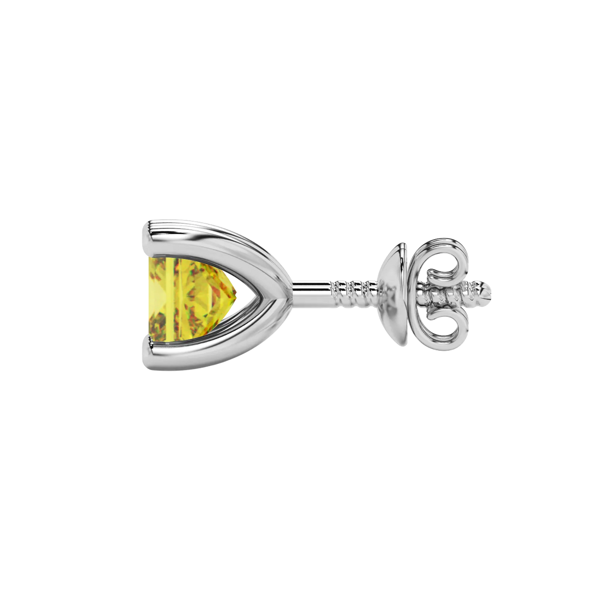 Side profile, white gold canary yellow earrings, four-prong gallery.