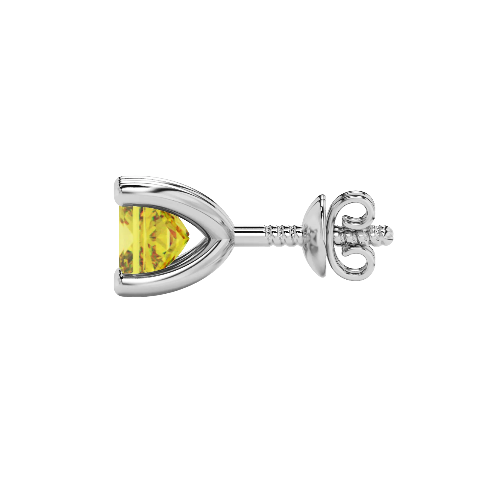 Side profile, white gold canary yellow earrings, four-prong gallery.