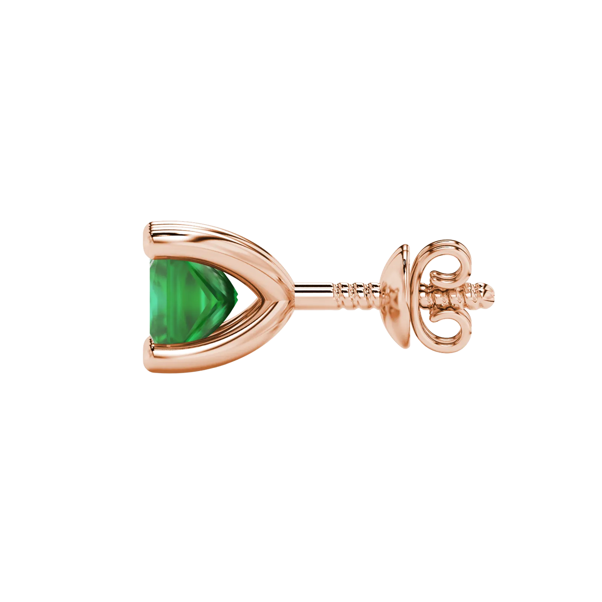 Side profile, rose gold emerald green earrings, four-prong gallery.