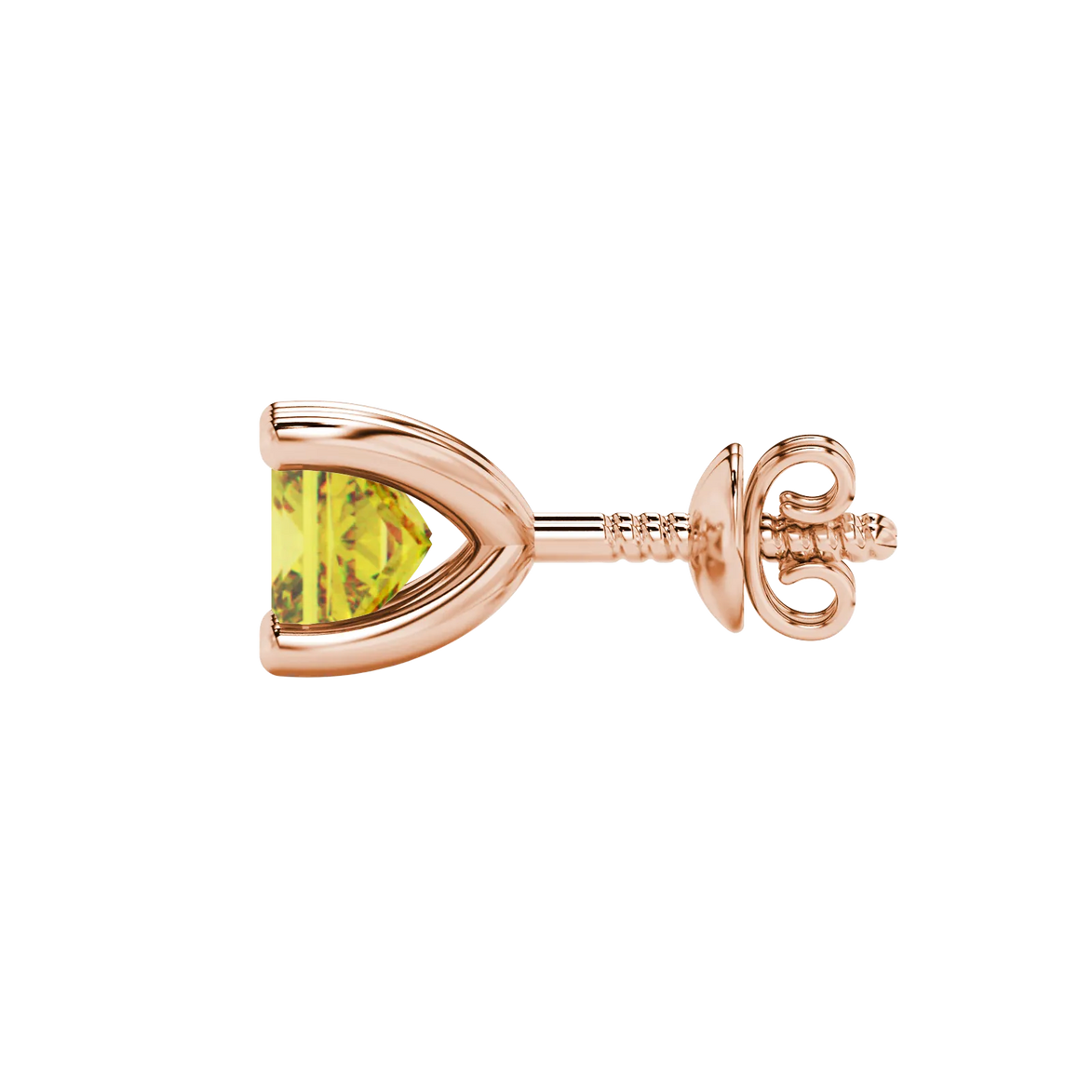 Side profile, rose gold canary yellow earrings, four-prong gallery.