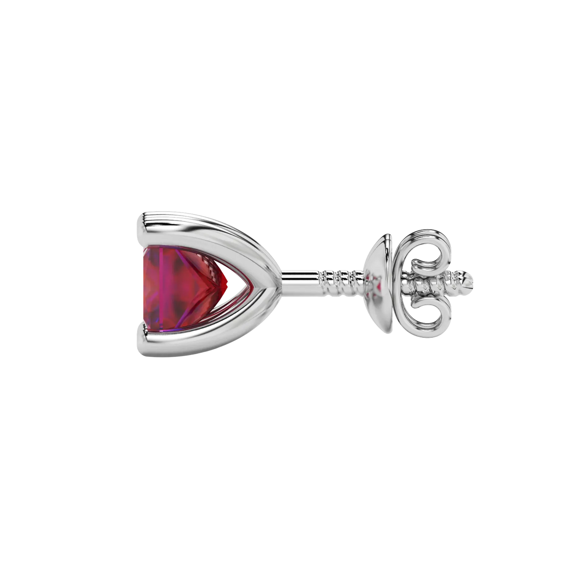 Side profile, white gold raspberry red earrings, four-prong gallery.