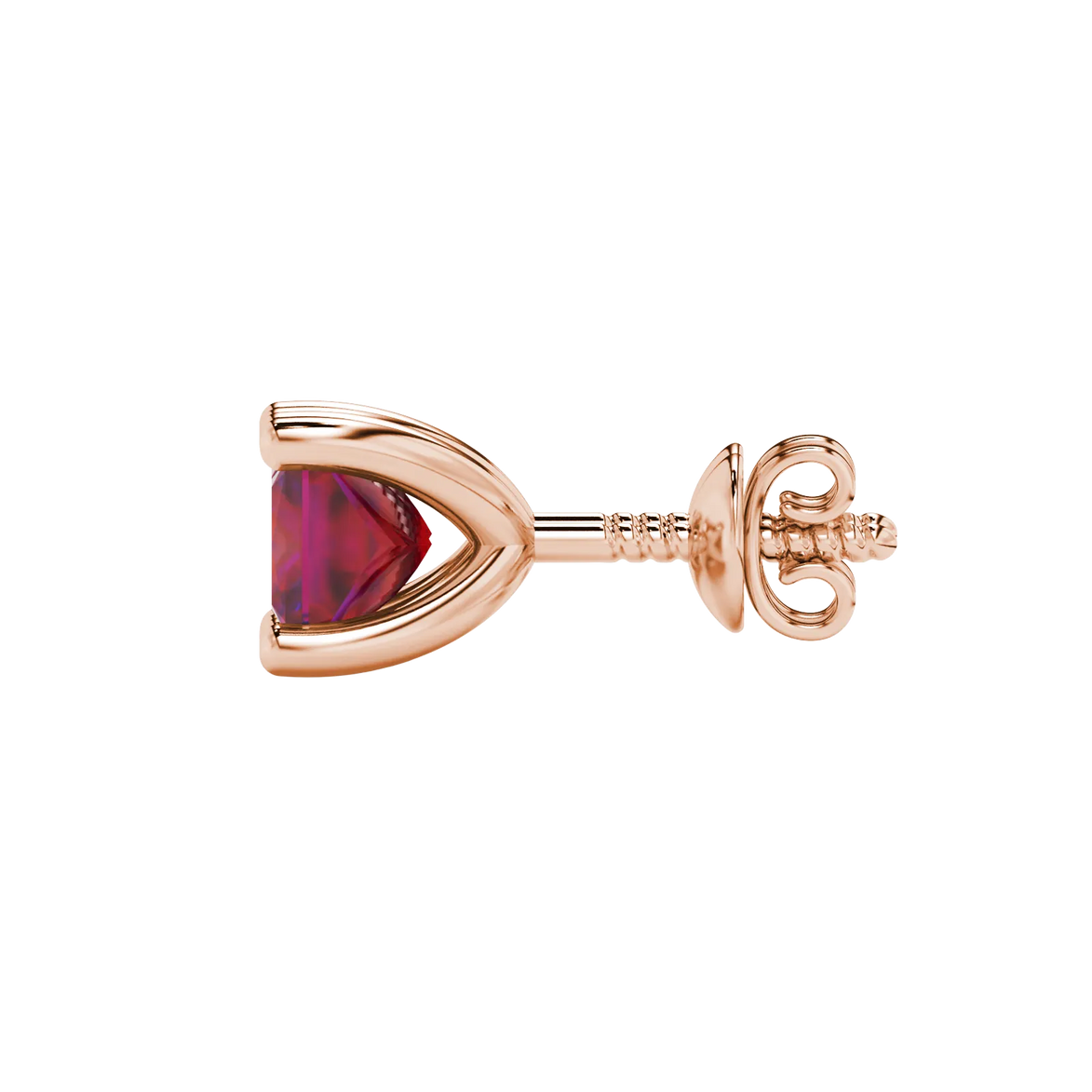 Side profile, rose gold raspberry red earrings, four-prong gallery.