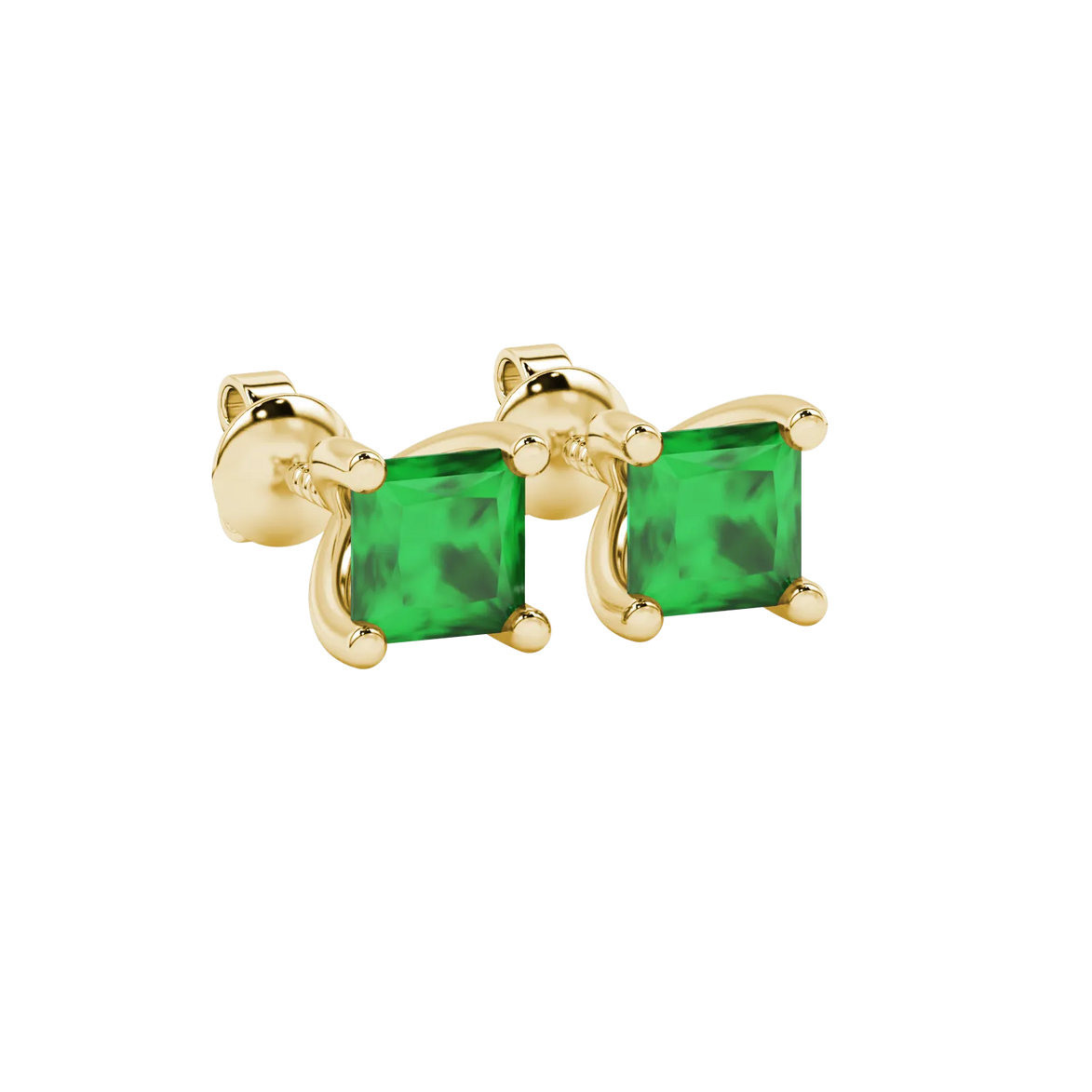 Close-up, princess emerald green gemstone, yellow gold four-prong earrings.