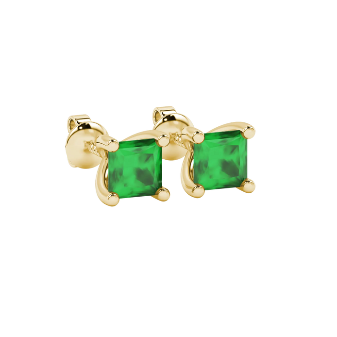 Close-up, princess emerald green gemstone, yellow gold four-prong earrings.