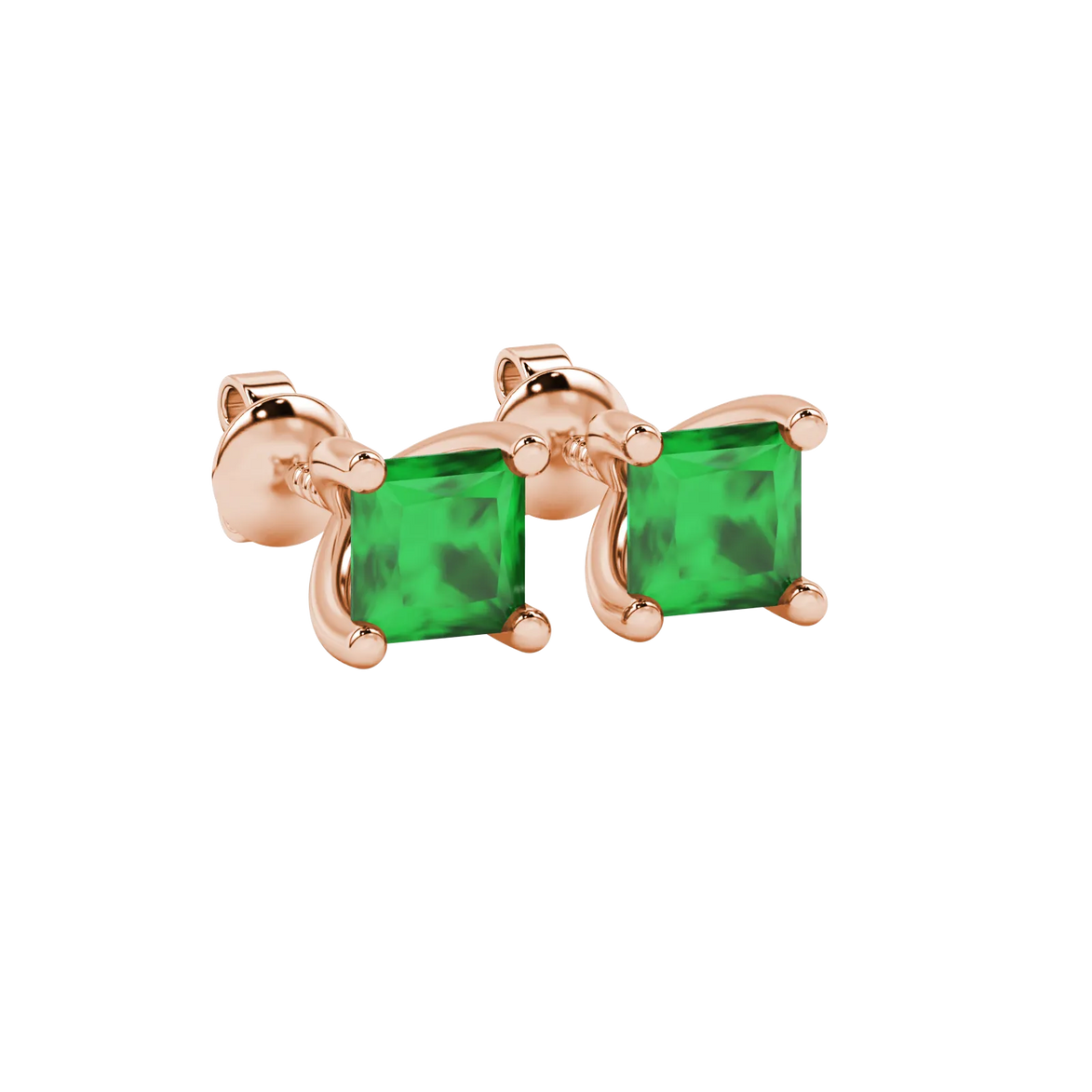 Close-up, princess emerald green gemstone earrings, rose gold four-prong setting.