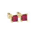 Close-up, princess raspberry red gemstone, yellow gold four-prong earrings.