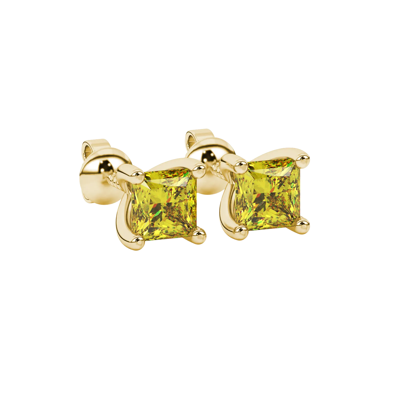 Close-up, princess canary yellow gemstone, yellow gold four-prong earrings.