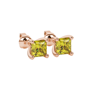 Close-up, princess canary yellow gemstone earrings, rose gold four-prong setting.